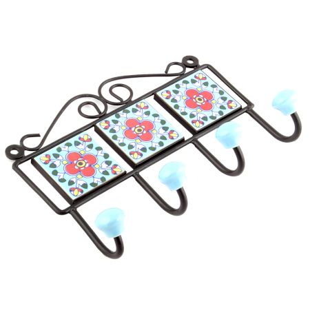 Turquoise And Red Floral Tiles Hooks